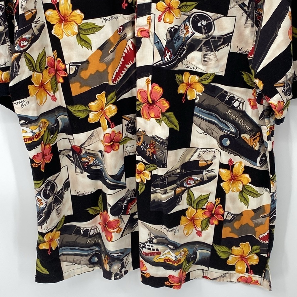 Vintage Hawaiian Shirt War Planes Pin-Up Girls Floral View 3